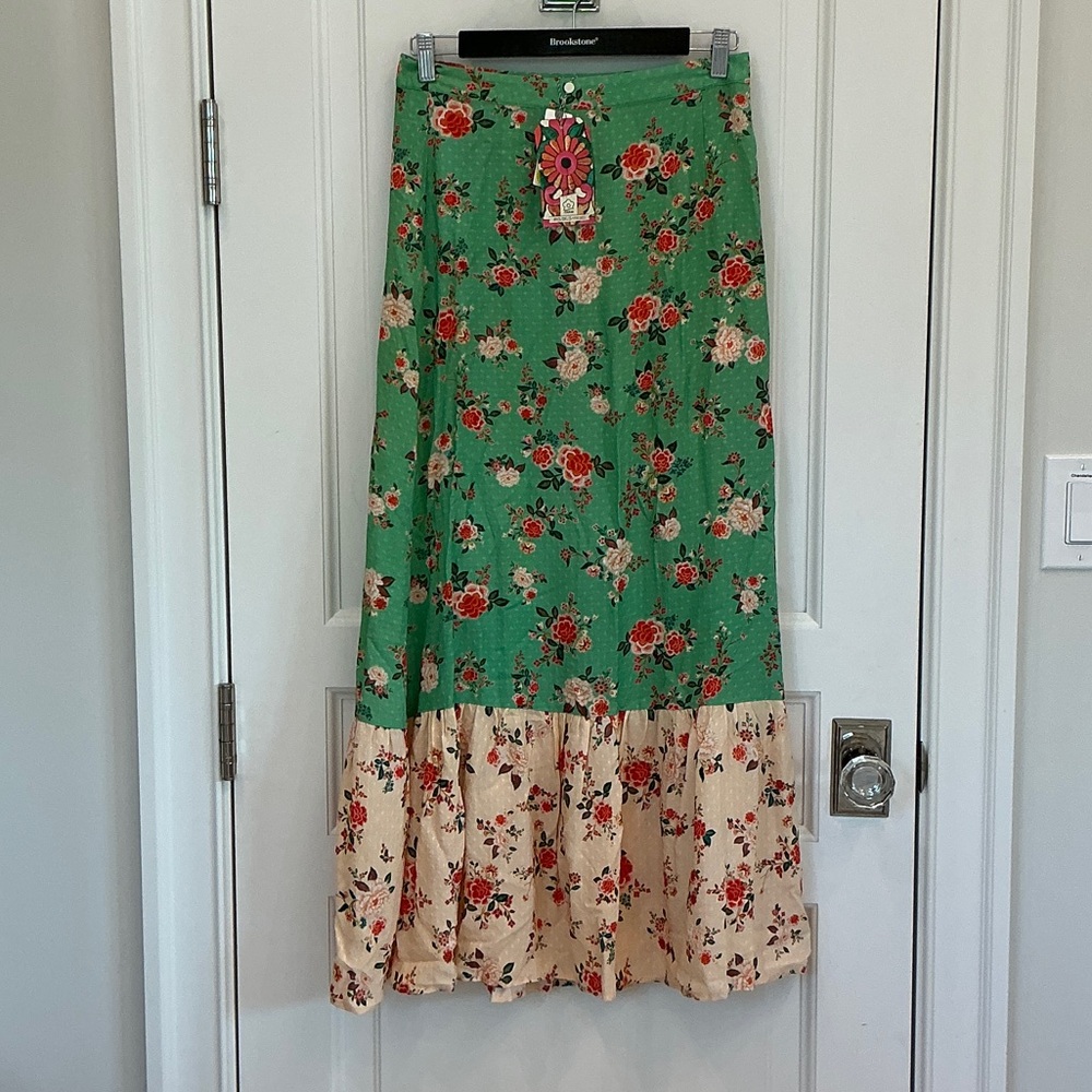 New Anthropologie Green and Cream Floral Maxi Skirt